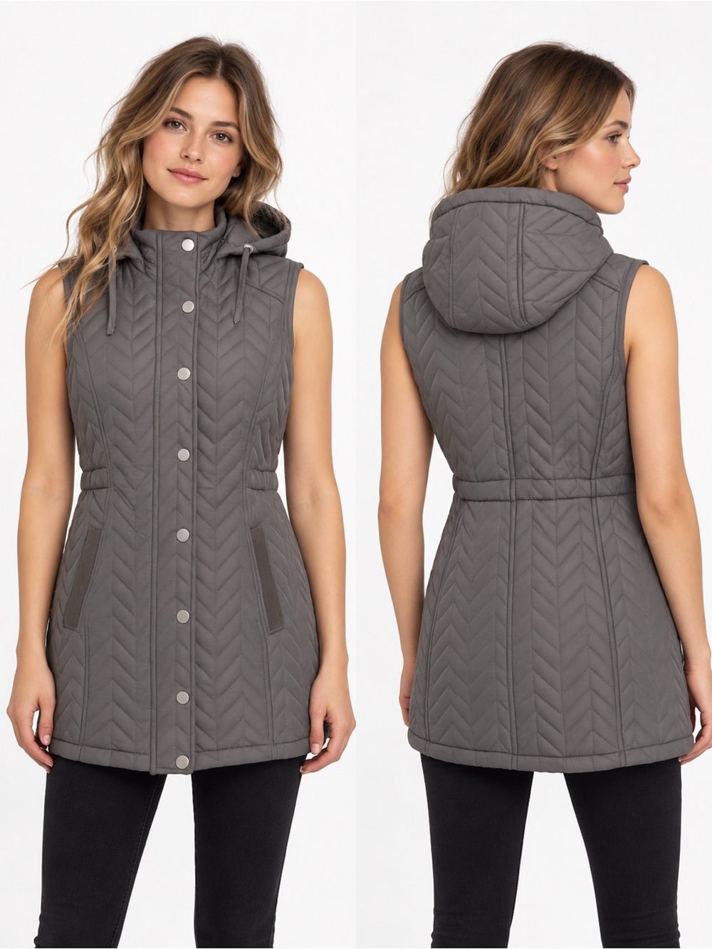RUNWAY NY Sample Quilted Puffer Tunic Vest Hooded Zip Up Snap Closure Gray S